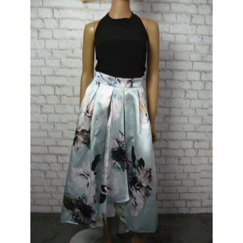 $229 Ignite Evenings Aqua Floral Taffeta Jersey High Low Halter Dress 18 NEW